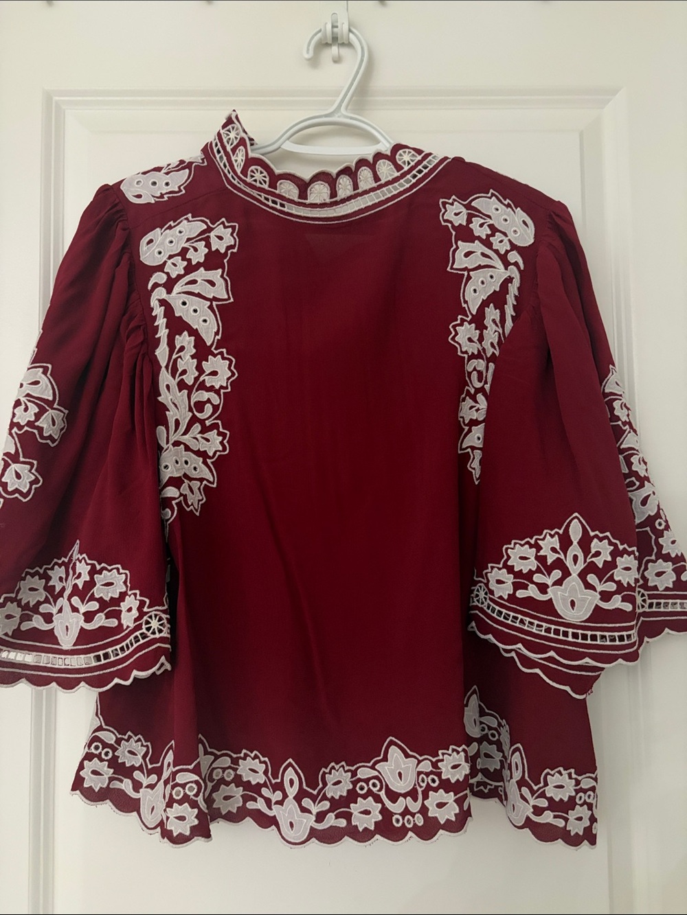 FARM Rio Burgundy Blouse with White Floral Embroidery